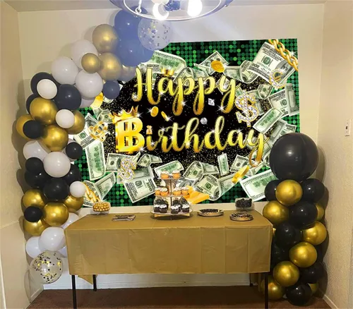 Miniatura 4 de Fondo de cumpleaños de 5 x 3 pies para fiesta de dinero, fondo de billetes de dólar, telón de fondo de hip hop, para niños, niñas y hombres