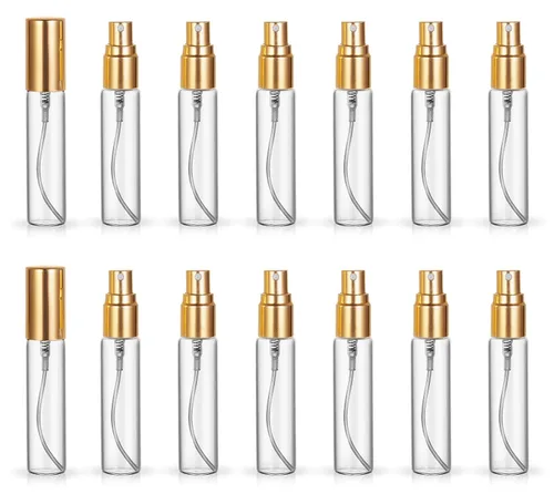 Juego de 20 botellas de perfume de viaje de 10 ml, atomizador recargable, botella vacía hidratante (con tapas doradas)