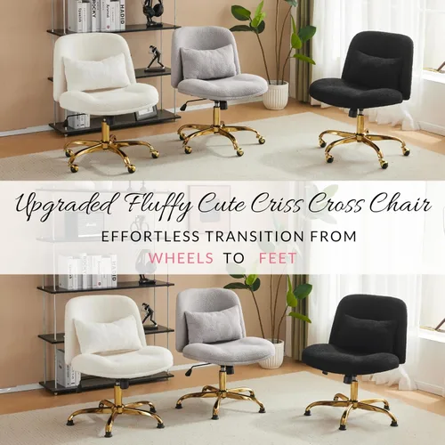 Miniatura 3 de VINGLI Silla de oficina ancha con patas cruzadas, silla de escritorio ergonómica cómoda con almohada y base dorada, doble uso con/sin ruedas, silla