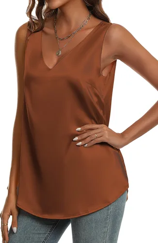 Miniatura 7 de KYLELOVE Camisetas sin mangas de satén para mujer, de doble capa, sin mangas, cuello en V, camisas de trabajo