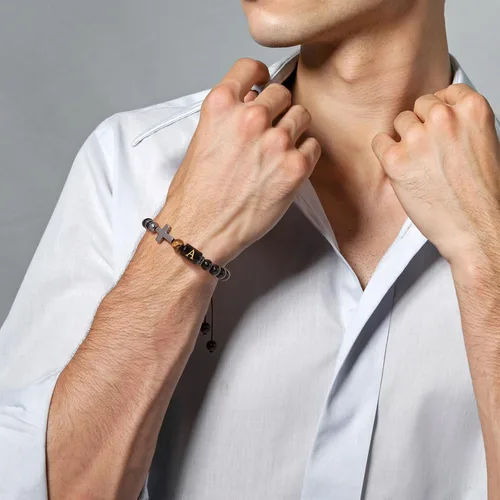 Miniatura 4 de Pulseras de cuentas con iniciales para hombre, pulsera de triple protección de 0.315 in de obsidiana y hematita, hecha a mano con letras de piedra