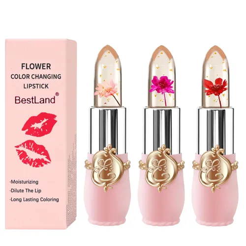 Miniatura 11 de BestLand - Set de 3 piezas/conjunto de lápiz labial de gelatina floral, bálsamo hidratante que cambia de temperatura, color mágico que cambia, 3