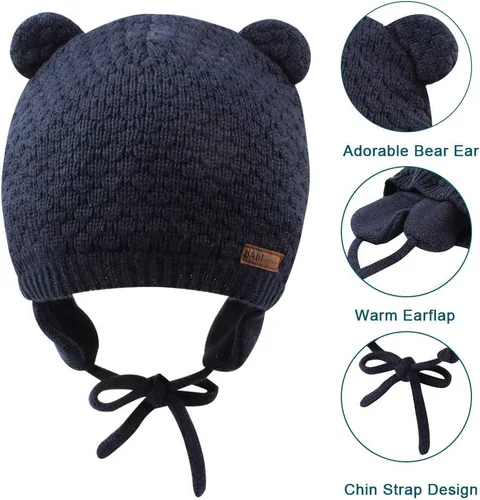 Miniatura 4 de XIAOHAWANG Gorro de bebé lindo oso para niños pequeños con orejeras cálido para otoño e invierno
