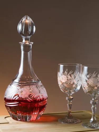 Miniatura 3 de Barski - Corte a mano - Boca soplada - Cristal - Decantador de vino - Con diseño rosa - 32 oz. - Hecho en Europa