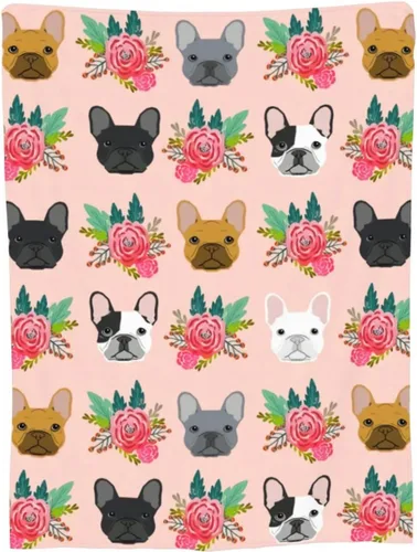 Miniatura 5 de Bonita manta de bulldog francés con diseño floral, suave y acogedora, manta de franela ligera y cálida de felpa para sofá, camping, oficina, viajes