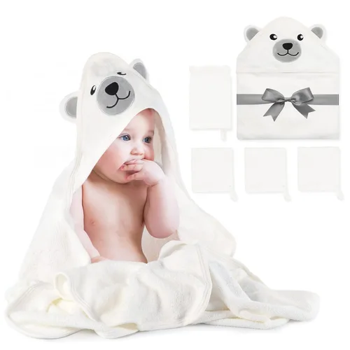 Miniatura 7 de Momcozy Toalla de bebé con capucha de elefante lindo – 8 piezas esenciales de baño, 2 toallas y 6 paños de lavado, regalo perfecto para niños