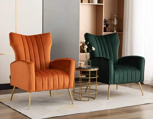 Miniatura 6 de Silla decorativa curvada copetuda con patas de metal doradas de terciopelo tapizado con brazo tapizado para club, ocio, silla moderna para sala