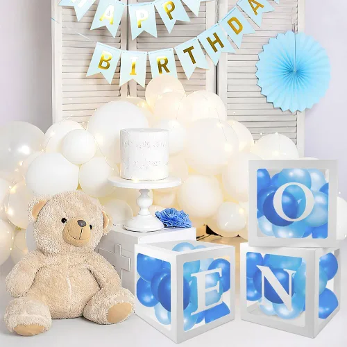 Miniatura 4 de Decoraciones de primer cumpleaños, 3 cajas de globos para niña o niño, bloques transparentes, decoraciones de fiesta de Pascua
