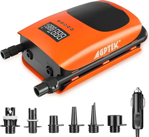 AGPTEK Bomba de tabla de remo de alta presión de 22 PSI, bomba de aire eléctrica SUP, bomba de tabla de remo portátil, función de inflado y