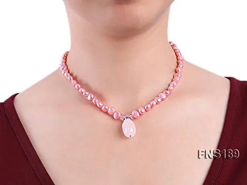 Miniatura 2 de JYX - Collar con colgante de perlas de 6 a 0.276in, perlas barrocas rosas y cuarzo rosa, 16.5in