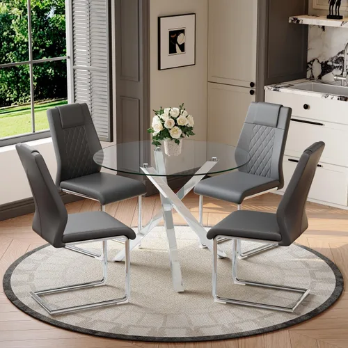 Miniatura 49 de Juego de mesa de comedor redonda para 6, juego de mesa de comedor de vidrio de 39 pulgadas con base de metal ajustable dorada en forma de X y 6