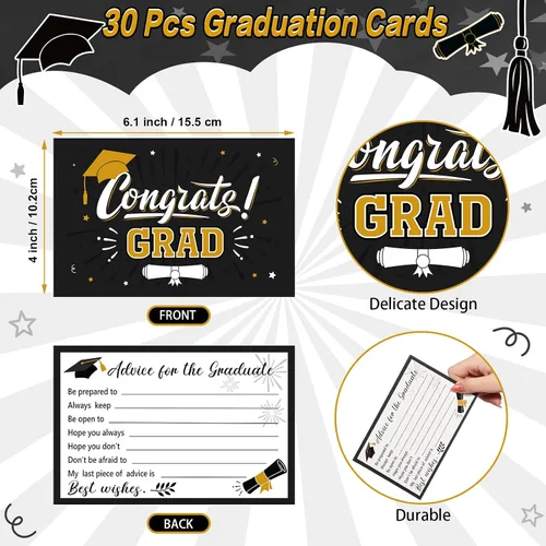 Miniatura 3 de Funrous Caja grande para tarjetas de graduación 2026 en negro y dorado con 30 piezas de tarjetas de consejos, caja de dinero, caja de dinero