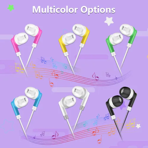 Miniatura 2 de Auriculares para niños a granel, paquete de 50 auriculares multicolor con cable al por mayor, perfectos para bibliotecas escolares, estudiantes