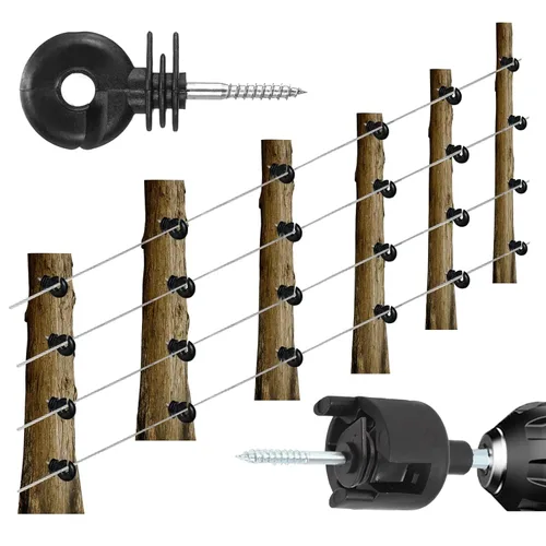 Miniatura 6 de 100 piezas de aislador eléctrico negro para valla con aislante de rosca, anillo de valla, poste de madera y 1 pieza de herramienta de zócalo