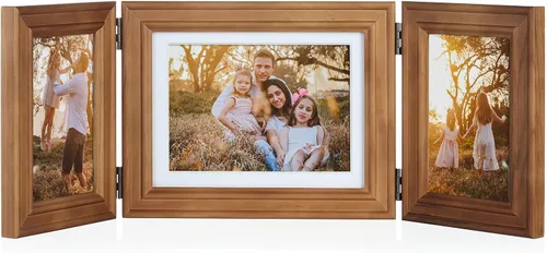 Miniatura 21 de Marco de fotos doble horizontal con bisagras plegable de 4 x 6 pulgadas en madera de pino negro con vidrio real para mesa X3-HEI-2H46