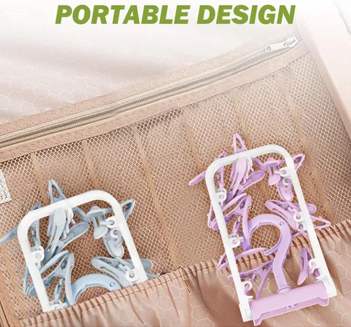 Miniatura 6 de Percha de secado de ropa con 12 clips, paquete de 2 estantes de secado plegables portátiles para colgar, estante plegable de goteo, gancho giratorio