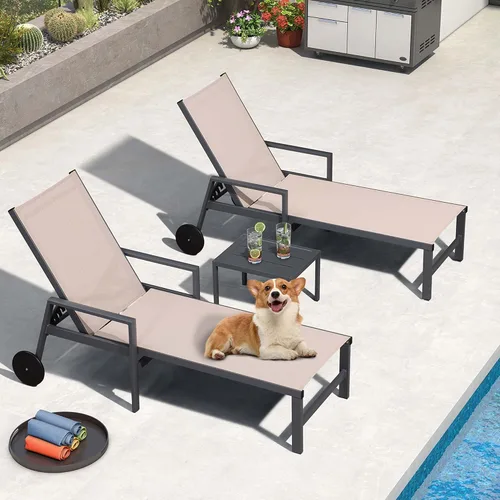 Miniatura 18 de PURPLE LEAF Juego de tumbonas para exteriores para 2 sillas de piscina de gran tamaño con ruedas fáciles de mover y respaldo ajustable, tumbonas