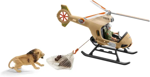 Schleich Wild Life - Juego de helicóptero de rescate de animales de 8 piezas con figuras de león e hipopótamo, altamente detallado, duradero para
