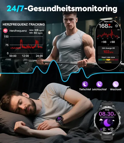 Miniatura 7 de LIGE Relojes inteligentes militares para hombre (3 bandas), reloj inteligente de pantalla grande HD de 1000 mAh/1.85 pulgadas, linterna/más de 110