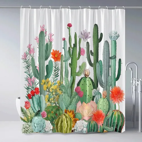 Miniatura 2 de Cortina de ducha de cactus tropical, suculentas, flores, desierto, acuarela, flores silvestres botánicas, retro, de madera brillante, juego