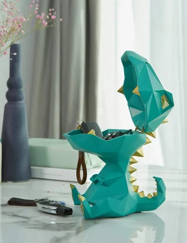 Miniatura 7 de HAUCOZE Estatua de dinosaurio plato para caramelos, cuenco para llaves, regalos de dinosaurio, escultura moderna, accesorios de decoración del Verde