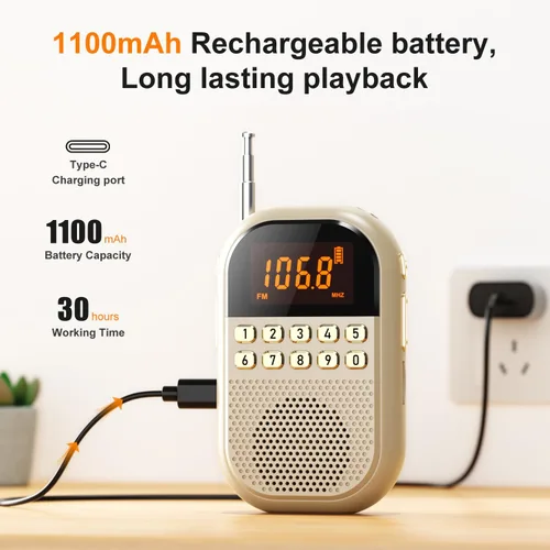 Miniatura 4 de Radio AM FM de bolsillo: radio recargable de 1100 mAh compatible con Bluetooth, mini receptor FM AM con altavoz grande, auriculares estéreo, Beige