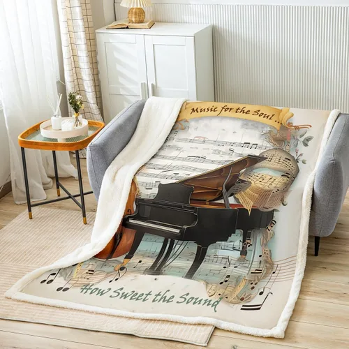 Manta de violonchelo de piano, manta temática musical para niños, niñas, niños y adultos, decoración de habitación de estilo retro, manta de vellón