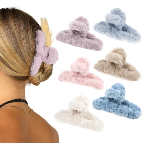 Miniatura 9 de Pinza de felpa esponjosa para el cabello, 6 unidades, lindas pinzas para el cabello para mujeres, pasadores peludos para el cabello y niñas