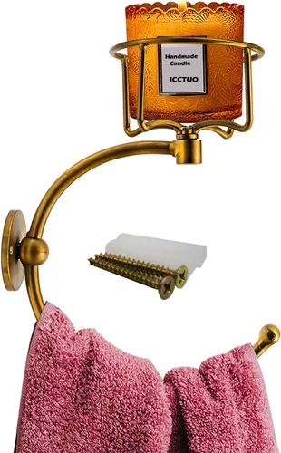 Toallero de mano con portavelas vintage para pared, gancho de toalla para pared de baño, anillo de toalla rústico con elegante portavelas, colgador