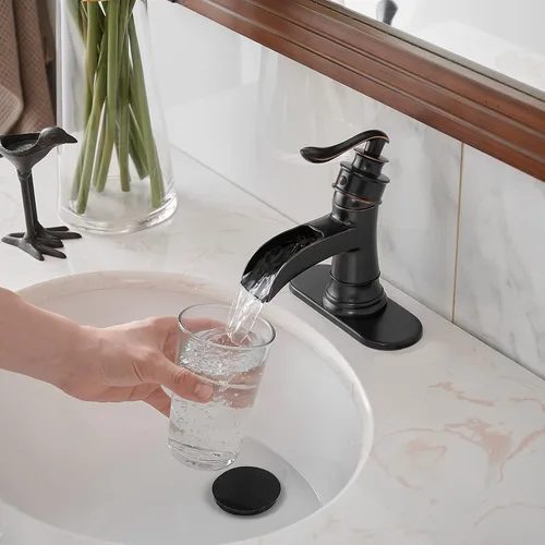 Miniatura 9 de BWE Grifo de baño en cascada de bronce frotado con aceite, llave de una manija, un agujero, grifo de lavabo, estilo granja, para tocador de baño