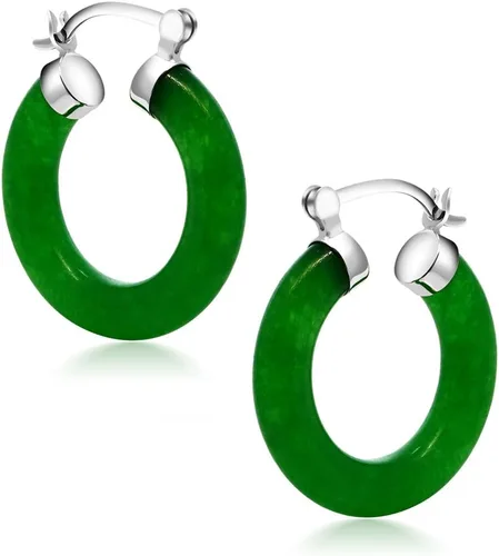 Miniatura 3 de Gem Stone King Aretes de aro de jade verde Plata de ley 925 Diámetro de 1/2 pulgada Aretes de aro clásicos con bisagra y poste con muescas