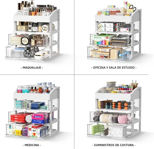 Miniatura 4 de Organizador de escritorio con cajones, organizador de almacenamiento de 3 cajones, cajones de almacenamiento de escritorio para suministros