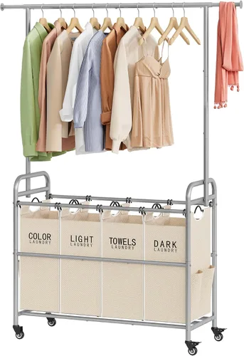 Miniatura 12 de Tajsoon Carrito Clasificador de Lavandería con Perchero para Colgar Ropa, Organizador de 3 Cestas Clasificadoras Butler, Carrito Cesto de Lavandería