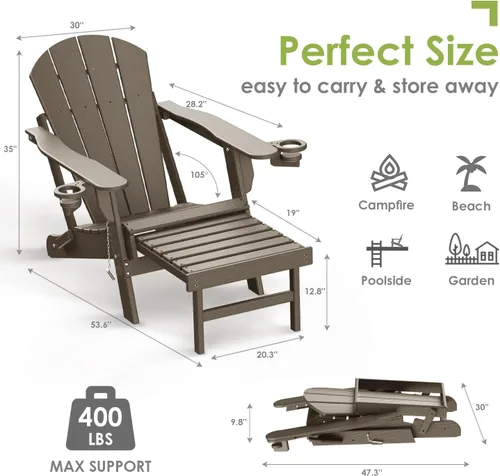 Miniatura 2 de GREENVINES Sillas Adirondack con Otomano Juego de 2 Grano de Madera Plegable Reposapiés Retráctil Plástico HDPE Silla para Hoguera Todo