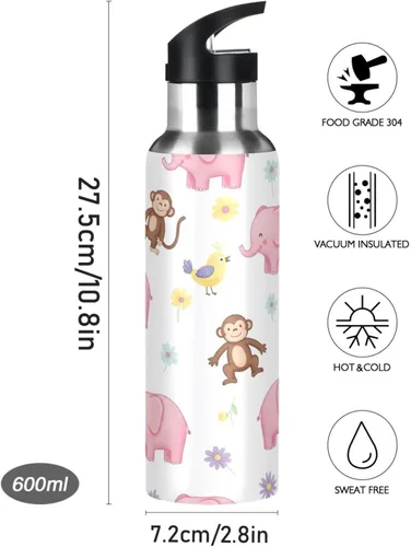Miniatura 9 de BPA-Free Sports Water Bottle with Straw 20 Oz, Stainless Steel Vacuum Insulated Water Bottle for Gym Outdoor Travel School, Cute Elephants