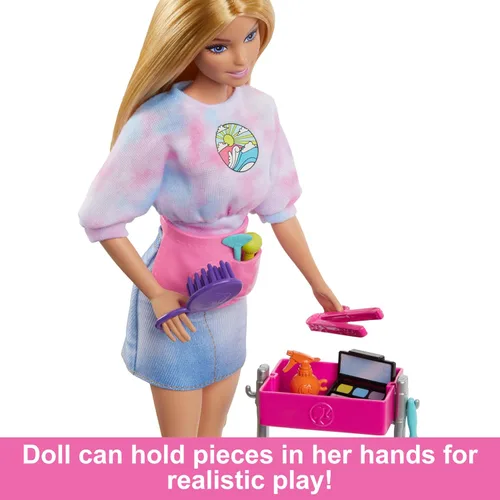 Miniatura 3 de Muñeca Barbie Estilista y 14 Accesorios, Muñeca Rubia "Malibu" de Barbie con Carro, Bata, Paleta de Maquillaje, Cachorro y Más
