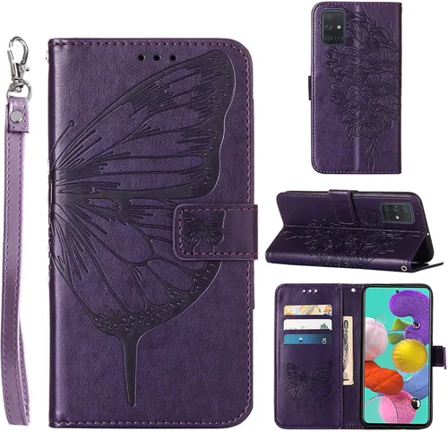 Funda para Samsung Galaxy A51 con estampado floral en relieve, correa de muñeca, ranuras para tarjetero, funda protectora de cuero con soporte para
