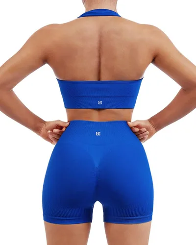 SUUKSESS Conjunto de entrenamiento acanalado sin costuras para mujer, sujetador deportivo sin espalda, pantalón corto de motociclista