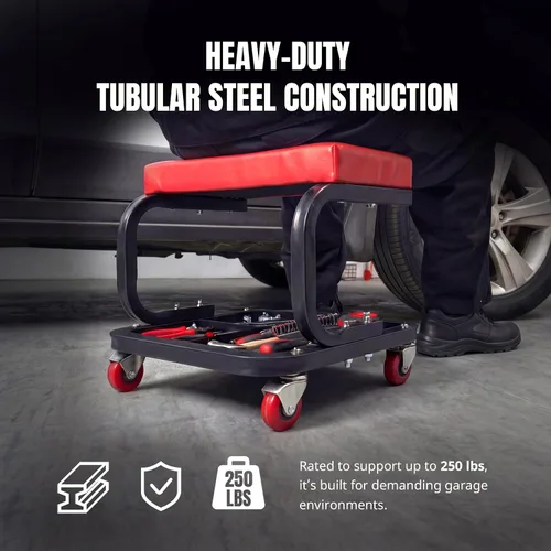 Miniatura 6 de MaxWorks Asiento Rodante para Mecánicos, Capacidad de 250 Libras, Taburete Deslizante Acolchado de Taller Rodante con Bandeja de Almacenamiento