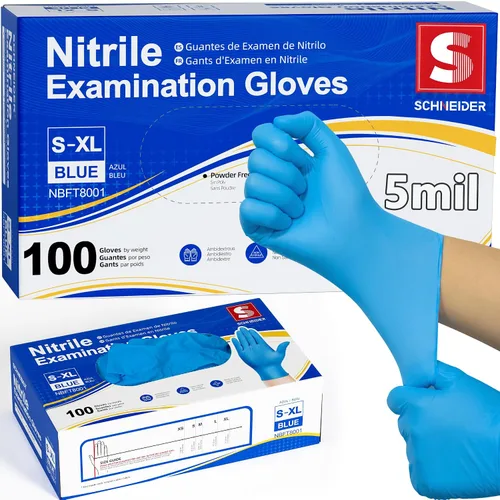 Guantes de examen de nitrilo Schneider, grandes, caja de 100, guantes desechables resistentes, texturizados, sin látex, aptos para alimentos, Azul