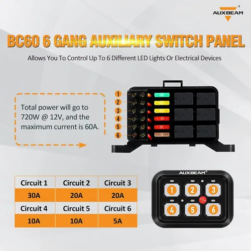 Miniatura 3 de Auxbeam Panel de interruptor de 6 bandas BC60, caja de sistema de relé de control de circuito universal con interruptor LED de encendido y apagado