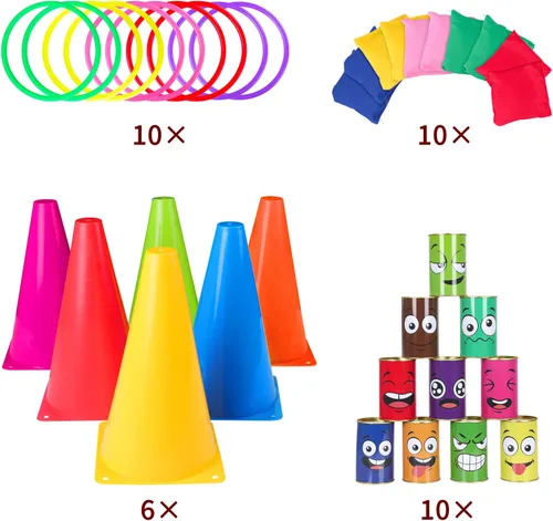 Miniatura 6 de Juego de 36 juegos de carnaval 4 en 1 para lanzar bolsas de frijoles de plástico, juego de lanzamiento de anillo de cono de plástico para interiores