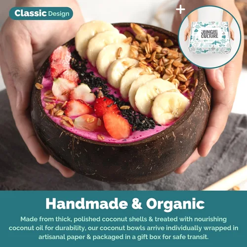 Miniatura 3 de Jungle Culture Juego de 2 cuencos de coco pulido y cucharas de madera con pajitas de bambú • Tazones de yogur natural y batidos ideales para creami