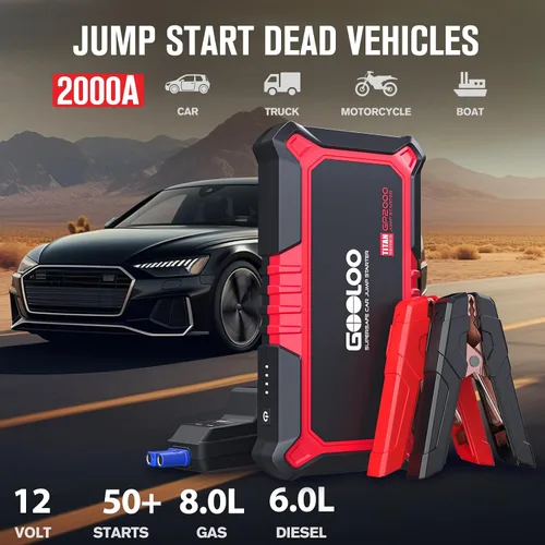 Miniatura 2 de GOOLOO Nuevo Arrancador de Batería GP2000, 12V 2000A Arrancador de Coche (Hasta 8.0L Gasolina, 6.0L Motores Diésel), Cargador de Batería Portátil