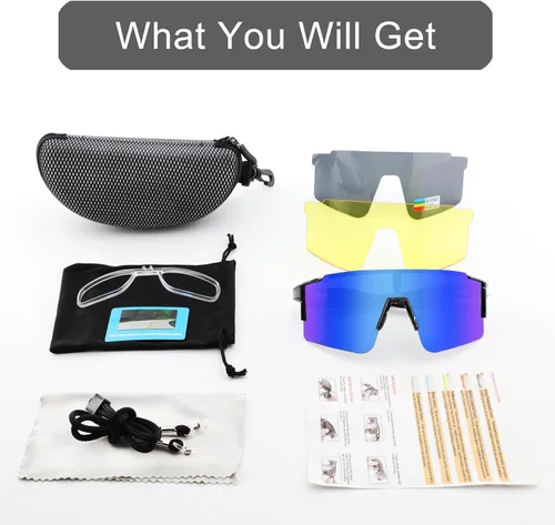 Miniatura 6 de OULAIQI Gafas de sol de ciclismo, polarizadas, para hombres y mujeres, con 1 lente o 3 lentes intercambiables, gafas de béisbol Lente negra y azul-3