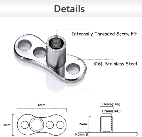 Miniatura 3 de PunkTracker Piercing dérmico de ópalo de acero inoxidable 316L para piercings dérmicos con rosca interna, kit de piercing dérmico