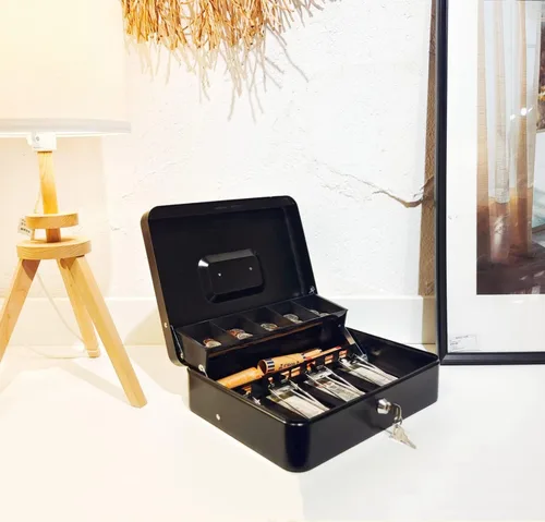 Miniatura 2 de Caja de efectivo con llave de bloqueo y bandeja de dinero, caja de dinero grande para caja registradora, caja de metal para dinero segura de 11.8 x