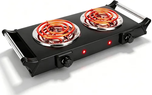 Miniatura 10 de Quemador doble de 2000 W, placa eléctrica para cocinar estufa de cocina portátil, quemador de encimera para cocina, dormitorio, control de Negro
