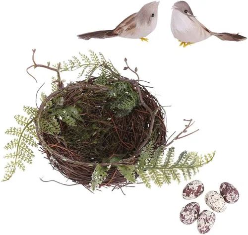Nido artificial para pájaros con huevos, pájaros, ramita de ratán natural, adorno para casa, accesorios para fotos para decoración