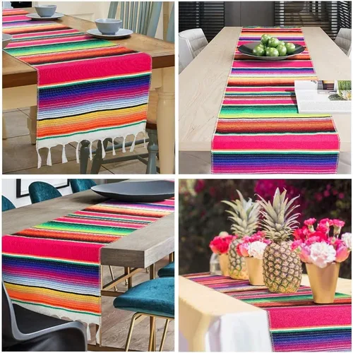 Miniatura 4 de Camino de mesa mexicano de 14 x 84 pulgadas, camino de mesa de serape mexicano para decoración de bodas y fiestas mexicanas, camino de mesa de Rosa